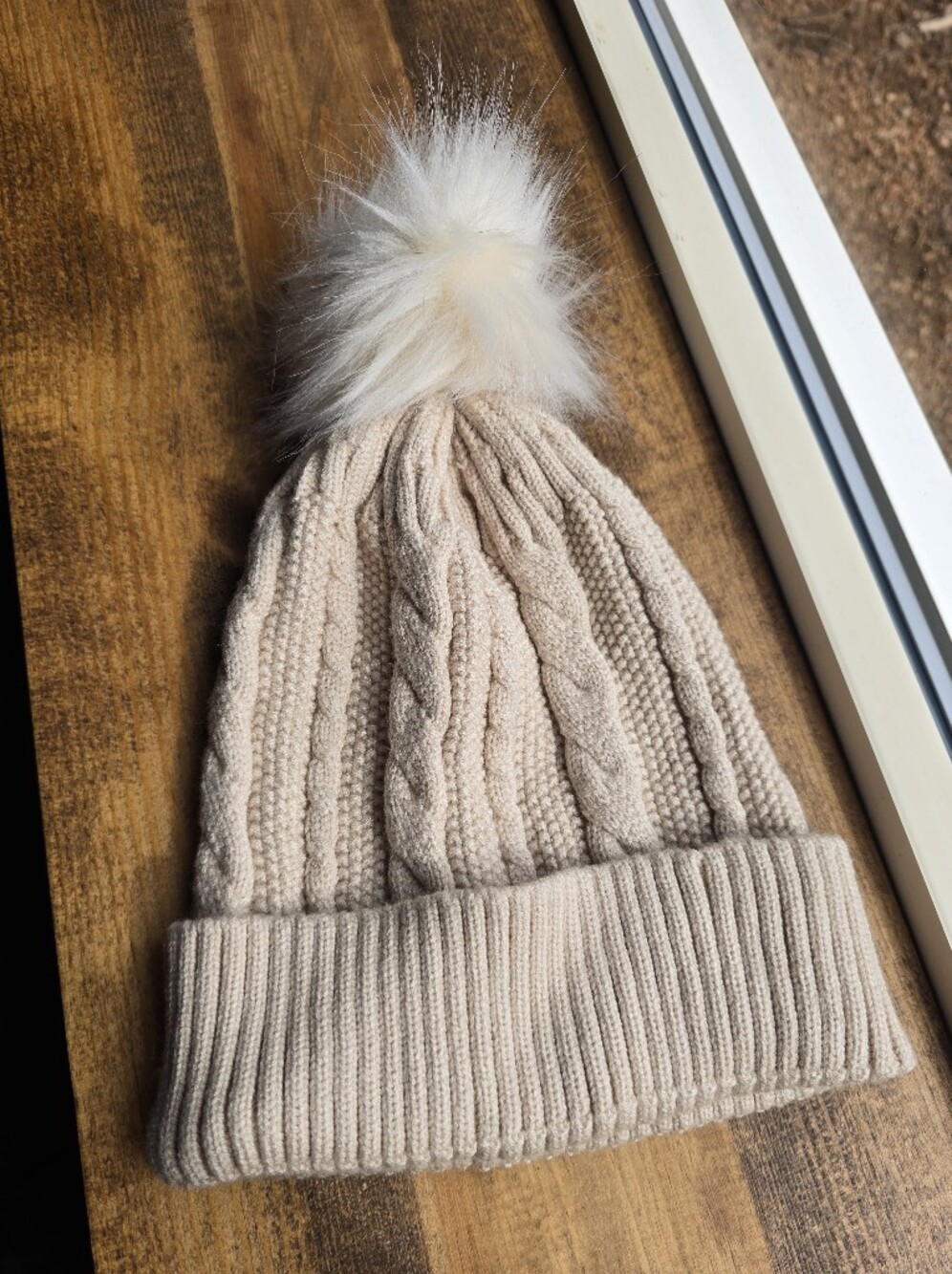 Chunky Cable Knit Beanie Hat with Faux Fur Pom Pom Beige Tan